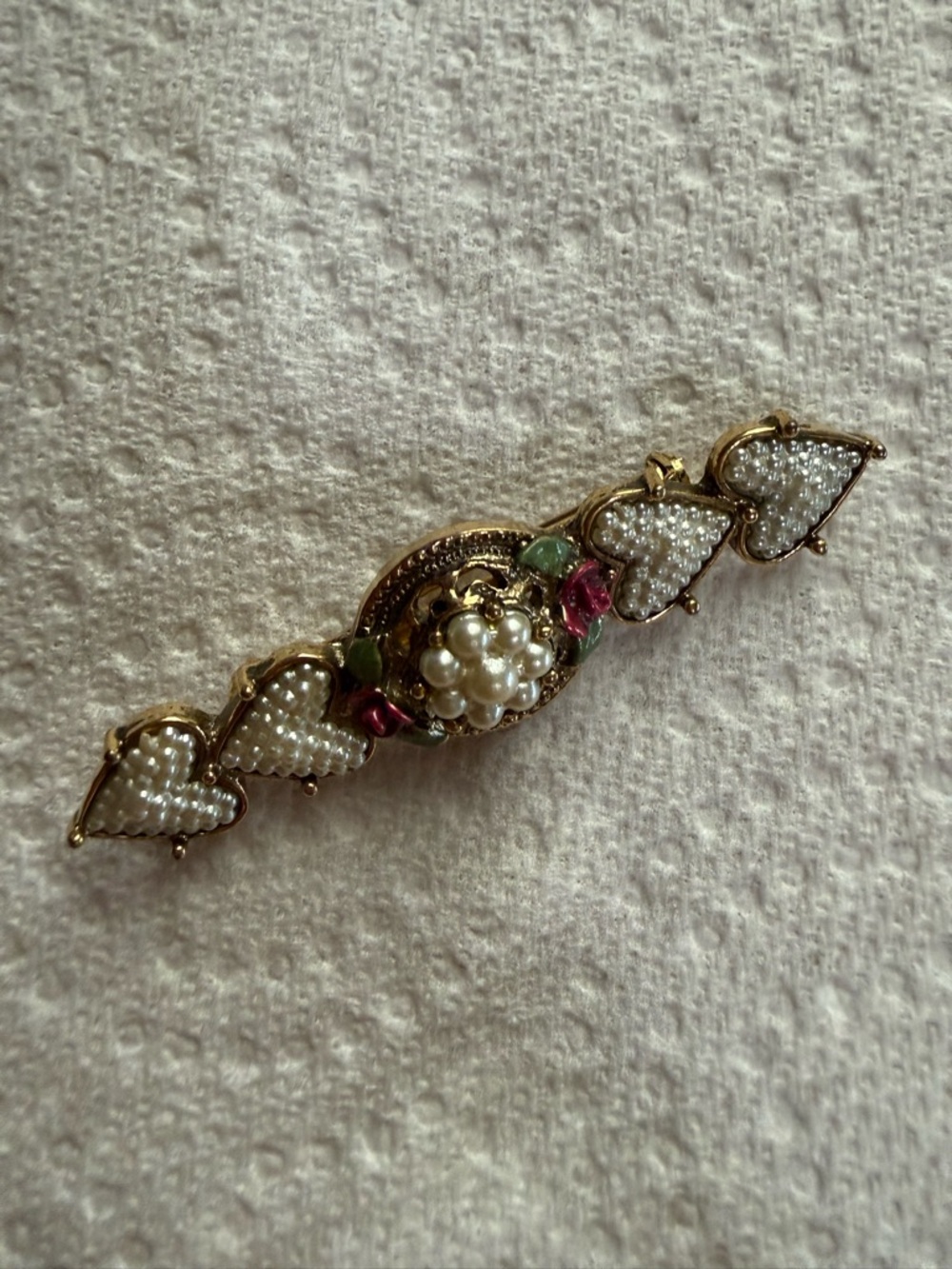 1928 Gold-Tone Pearl Heart Brooch with Pink and Green Enamel